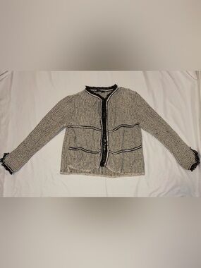 NIC+ZOE Cream Speckled Open-Knit Cardigan with Black Trim and Fringe Large